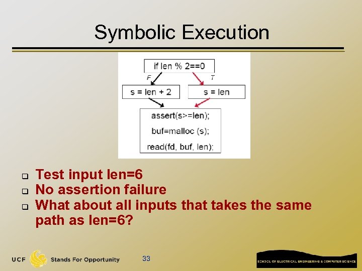 Symbolic Execution q q q Test input len=6 No assertion failure What about all