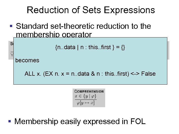 Reduction of Sets Expressions § Standard set-theoretic reduction to the membership operator {n. .