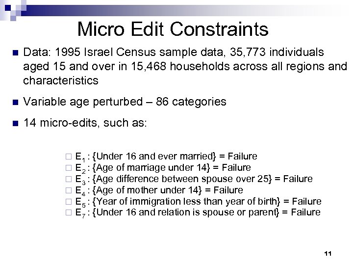 Micro Edit Constraints n Data: 1995 Israel Census sample data, 35, 773 individuals aged