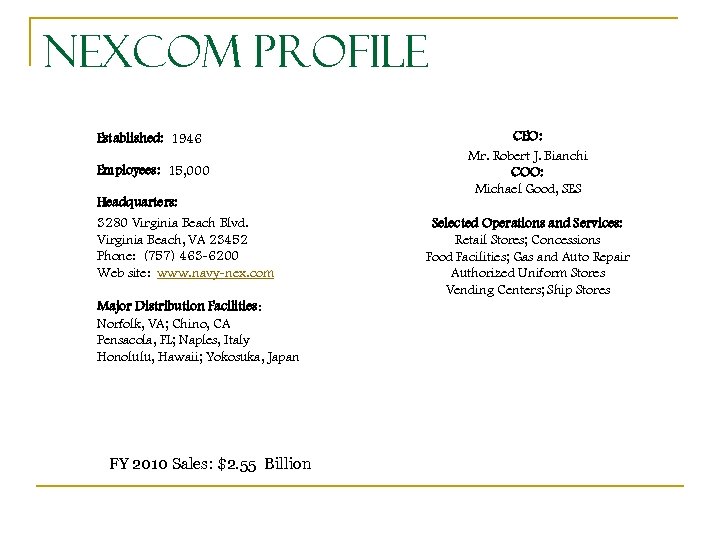 NEXCOM Profile Established: 1946 Employees: 15, 000 Headquarters: 3280 Virginia Beach Blvd. Virginia Beach,