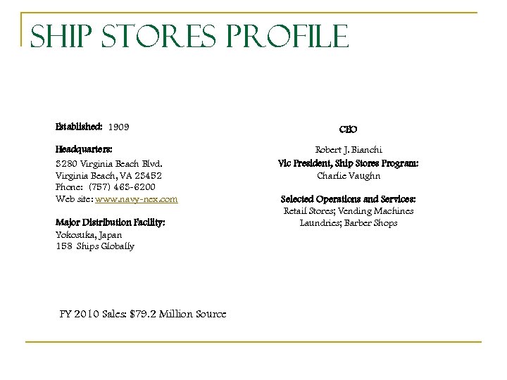 Ship Stores Profile Established: 1909 Headquarters: 3280 Virginia Beach Blvd. Virginia Beach, VA 23452