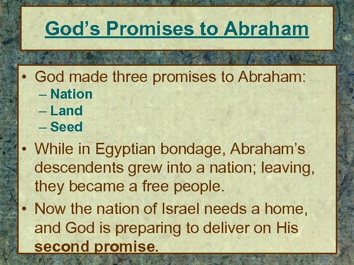 God’s Promises to Abraham • God made three promises to Abraham: – Nation –