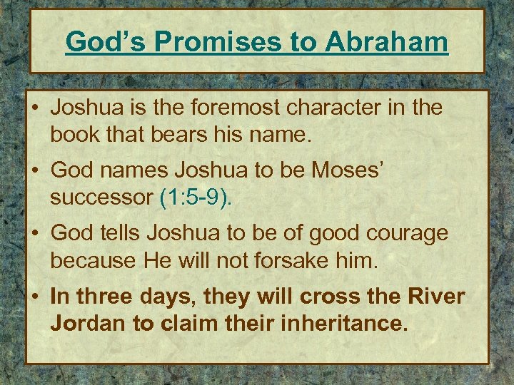 God’s Promises to Abraham • Joshua is the foremost character in the book that