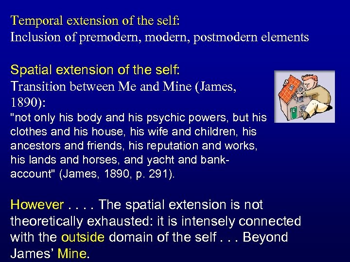 Temporal extension of the self: Inclusion of premodern, postmodern elements Spatial extension of the