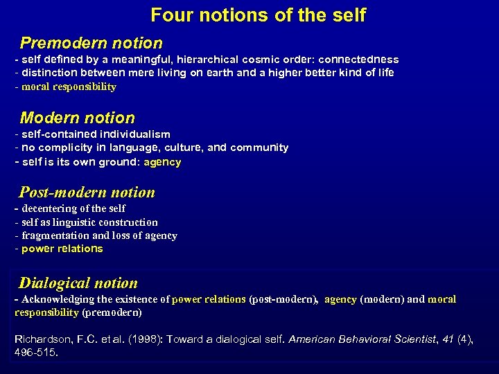 Four notions of the self Premodern notion - self defined by a meaningful, hierarchical