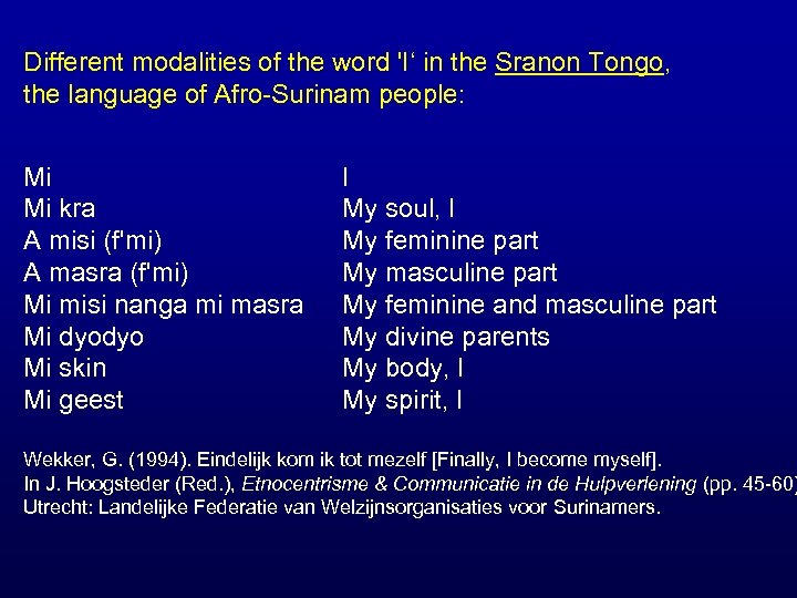 Different modalities of the word 'I‘ in the Sranon Tongo, the language of Afro-Surinam