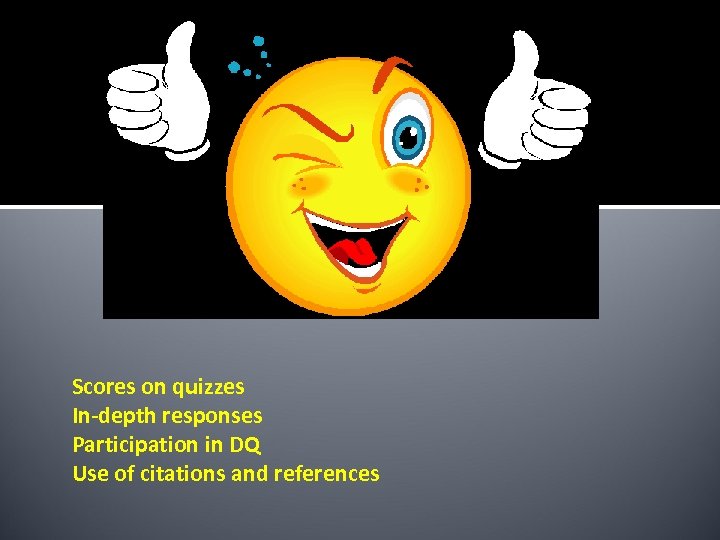 Scores on quizzes In-depth responses Participation in DQ Use of citations and references 