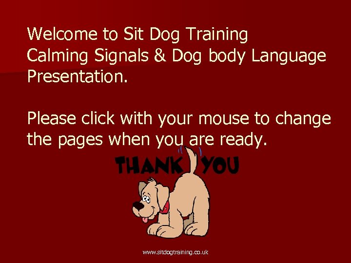 Welcome to Sit Dog Training Calming Signals & Dog body Language Presentation. Please click