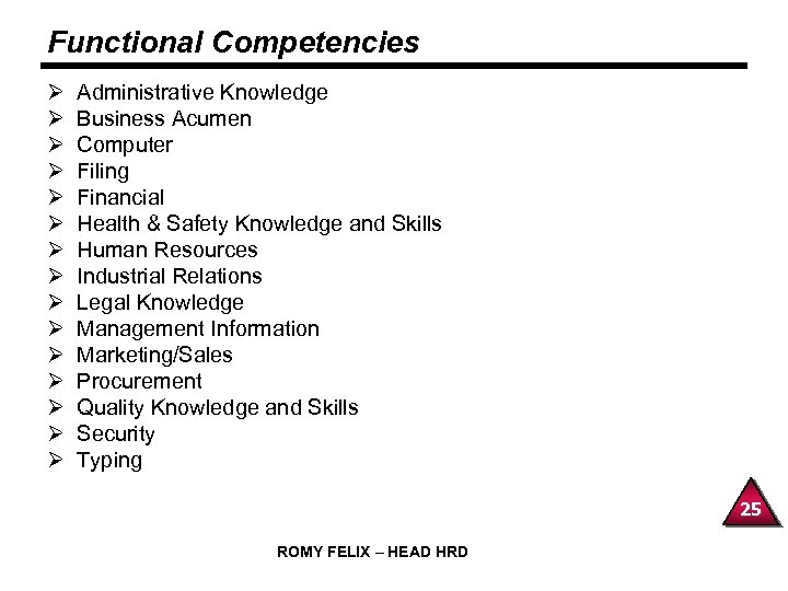 Functional Competencies Ø Ø Ø Ø Administrative Knowledge Business Acumen Computer Filing Financial Health