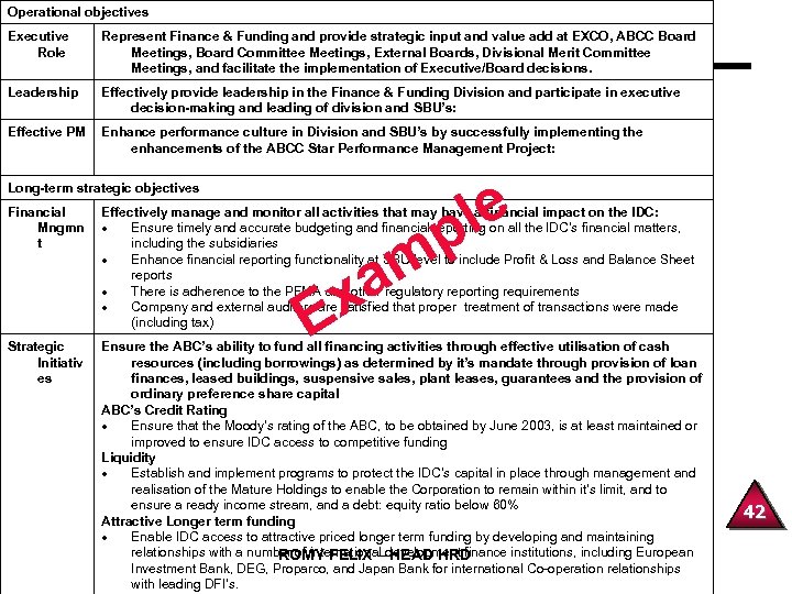 Operational objectives Executive Role Represent Finance & Funding and provide strategic input and value