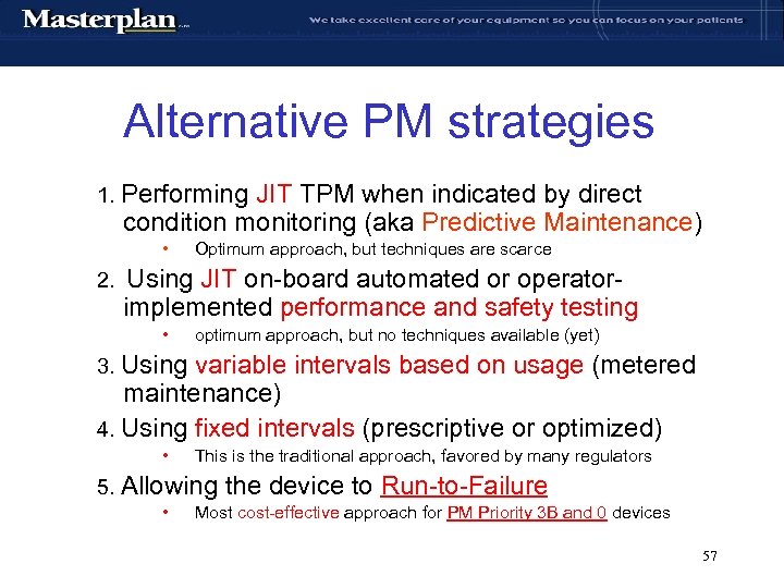 Alternative PM strategies 1. Performing JIT TPM when indicated by direct condition monitoring (aka
