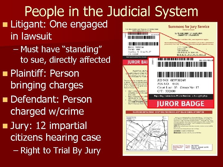 People in the Judicial System n Litigant: One engaged in lawsuit – Must have