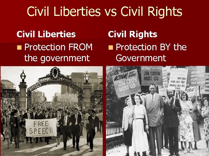 Civil Liberties vs Civil Rights Civil Liberties Civil Rights n Protection FROM n Protection