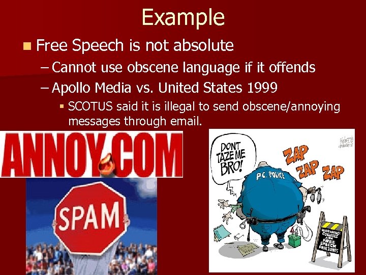 Example n Free Speech is not absolute – Cannot use obscene language if it