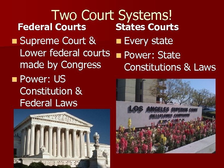 Two Court Systems! Federal Courts n Supreme Court & States Courts n Every state