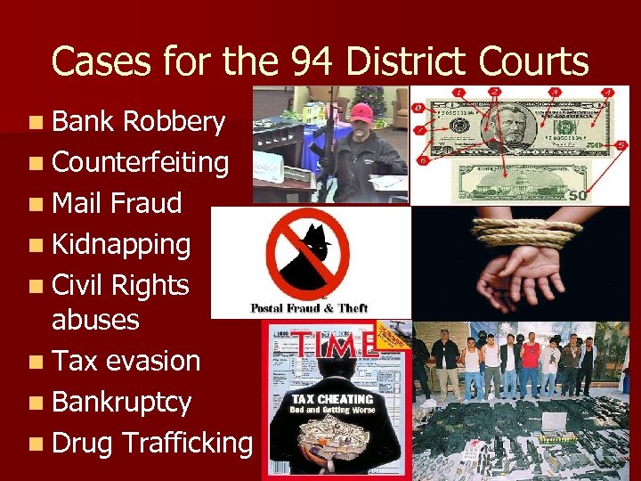Cases for the 94 District Courts n Bank Robbery n Counterfeiting n Mail Fraud