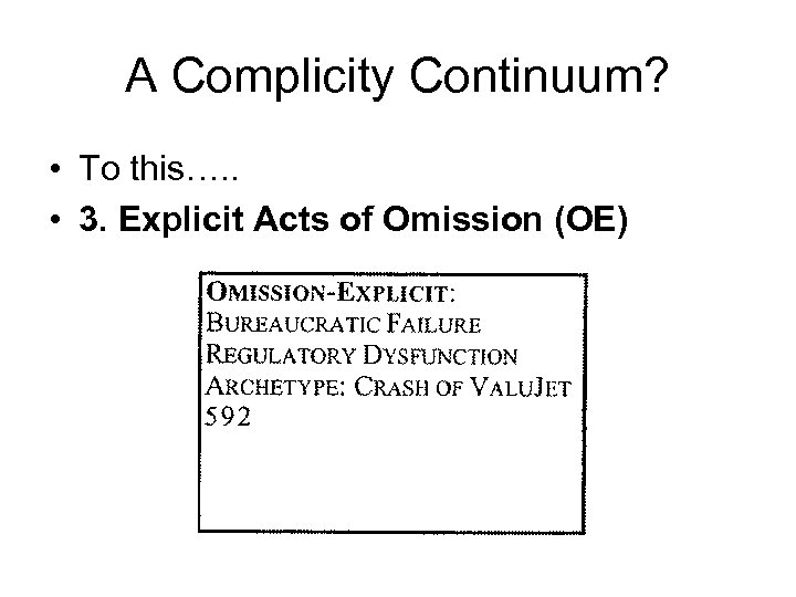 A Complicity Continuum? • To this…. . • 3. Explicit Acts of Omission (OE)