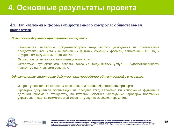 4. Основные результаты проекта 4. 3. Направления и формы общественного контроля: общественная экспертиза Возможные