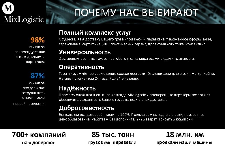 ПОЧЕМУ НАС ВЫБИРАЮТ 98% клиентов рекомендуют нас своим друзьям и партнерам 87% клиентов продолжают