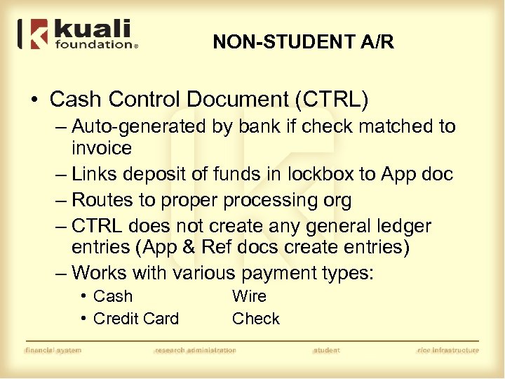 NON-STUDENT A/R • Cash Control Document (CTRL) – Auto-generated by bank if check matched