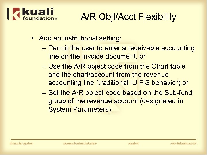 A/R Objt/Acct Flexibility • Add an institutional setting: – Permit the user to enter