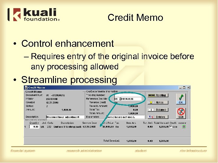 Credit Memo • Control enhancement – Requires entry of the original invoice before any