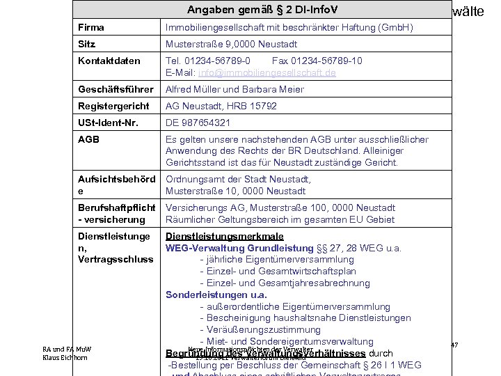 Angaben gemäß § 2 Dl-Info. V Kordt. Rechtsanwälte Firma Immobiliengesellschaft mit beschränkter Haftung (Gmb.