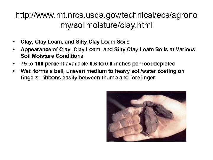 http: //www. mt. nrcs. usda. gov/technical/ecs/agrono my/soilmoisture/clay. html • • Clay, Clay Loam, and