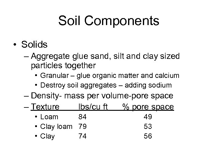 Soil Components • Solids – Aggregate glue sand, silt and clay sized particles together