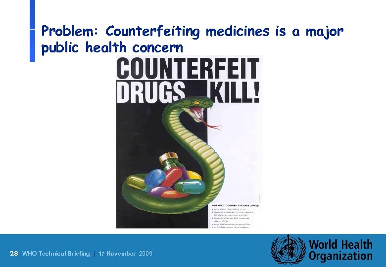 Problem: Counterfeiting medicines is a major public health concern 28 WHO Technical Briefing |