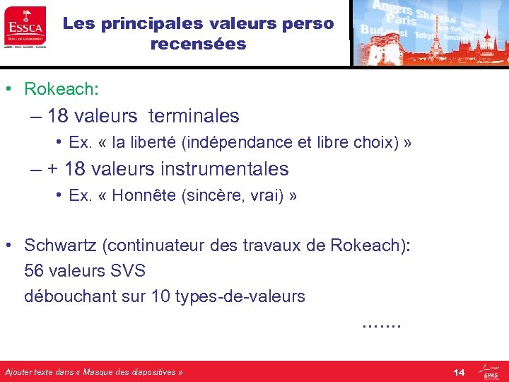 Les principales valeurs perso recensées • Rokeach: – 18 valeurs terminales • Ex. «