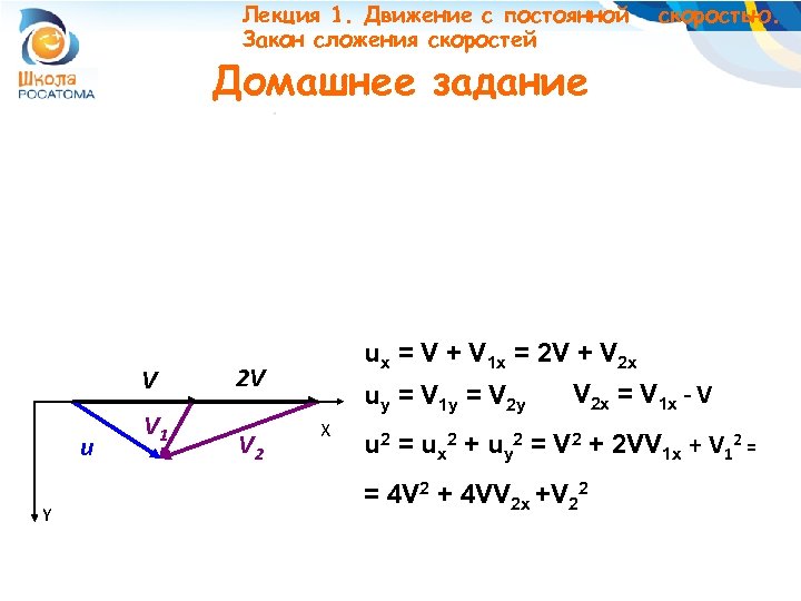 Лекция 1. Движение с постоянной Закон сложения скоростей скоростью. Домашнее задание V u Y