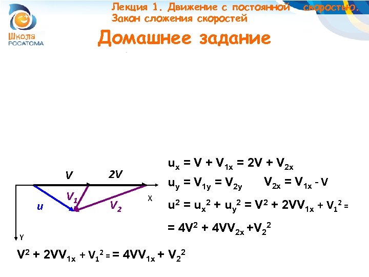 Лекция 1. Движение с постоянной Закон сложения скоростей скоростью. Домашнее задание V u Y