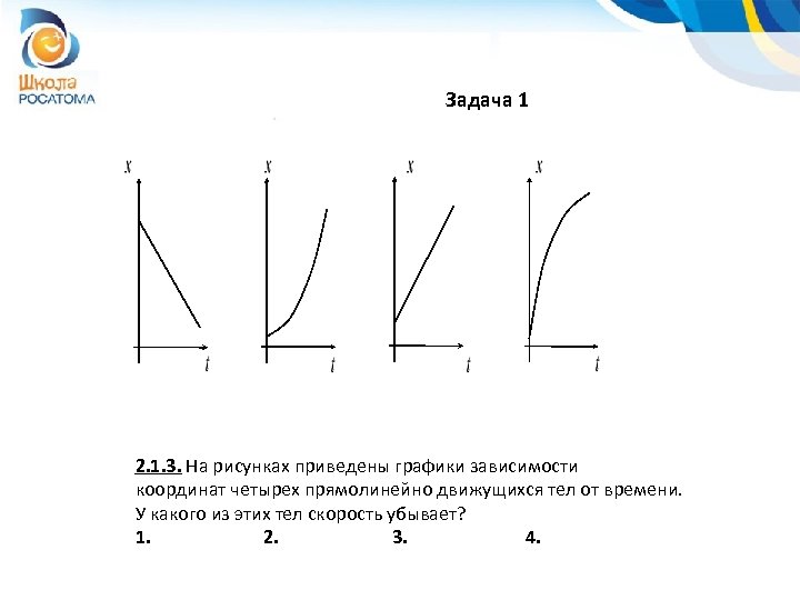 Задача 1 2. 1. 3. На рисунках приведены графики зависимости координат четырех прямолинейно движущихся