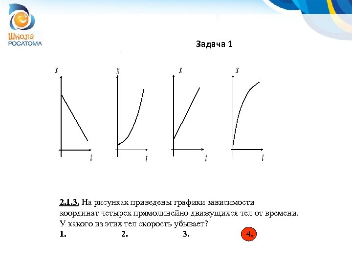 Задача 1 2. 1. 3. На рисунках приведены графики зависимости координат четырех прямолинейно движущихся