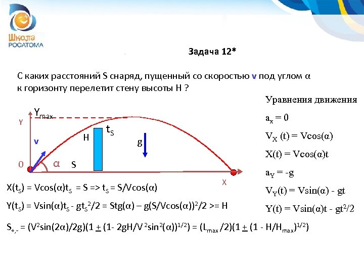 Задача 12* С каких расстояний S снаряд, пущенный со скоростью v под углом α