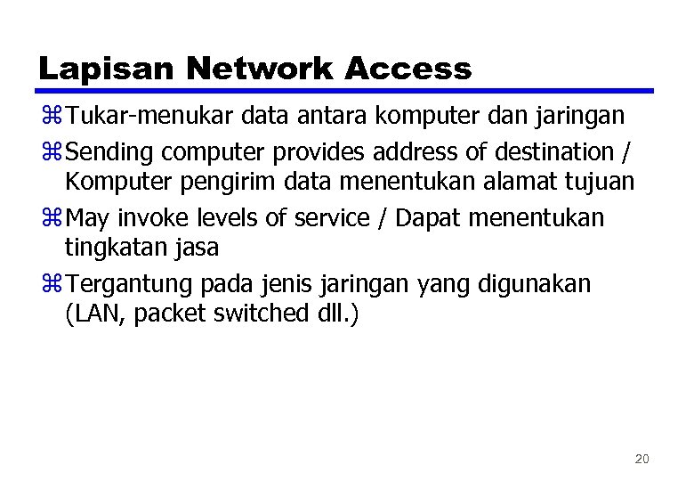 Lapisan Network Access z Tukar-menukar data antara komputer dan jaringan z Sending computer provides