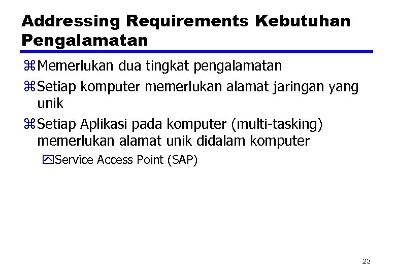 Addressing Requirements Kebutuhan Pengalamatan z Memerlukan dua tingkat pengalamatan z Setiap komputer memerlukan alamat