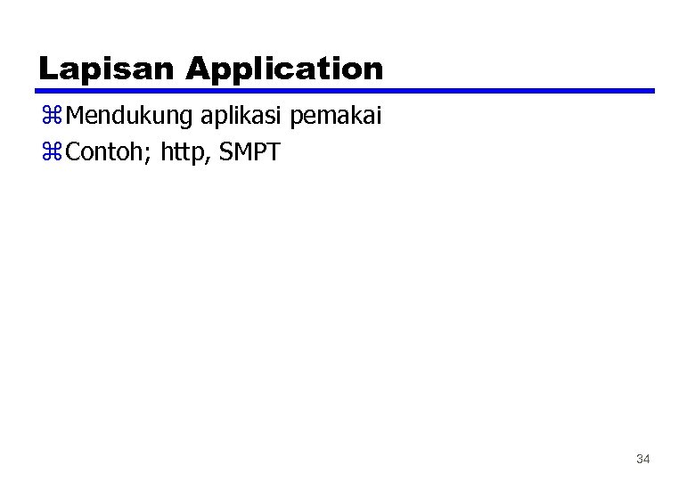 Lapisan Application z Mendukung aplikasi pemakai z Contoh; http, SMPT 34 