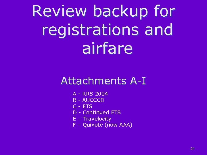 Review backup for registrations and airfare Attachments A-I A - RRS 2004 B -