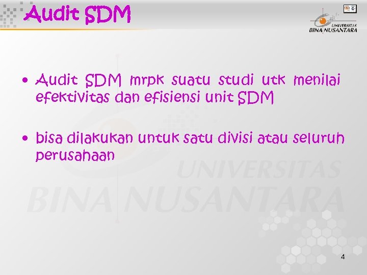 Audit SDM • Audit SDM mrpk suatu studi utk menilai efektivitas dan efisiensi unit