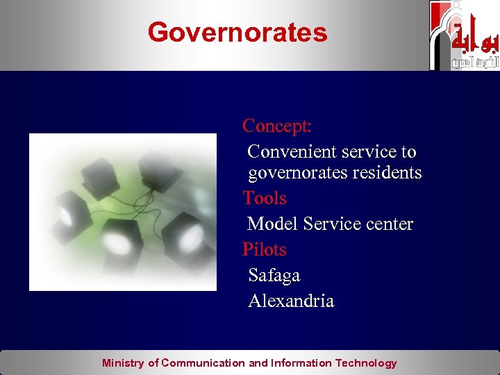 Governorates Concept: Convenient service to governorates residents Tools Model Service center Pilots Safaga Alexandria