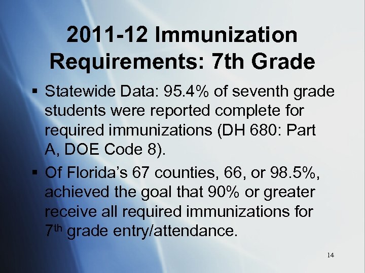2011 -12 Immunization Requirements: 7 th Grade § Statewide Data: 95. 4% of seventh
