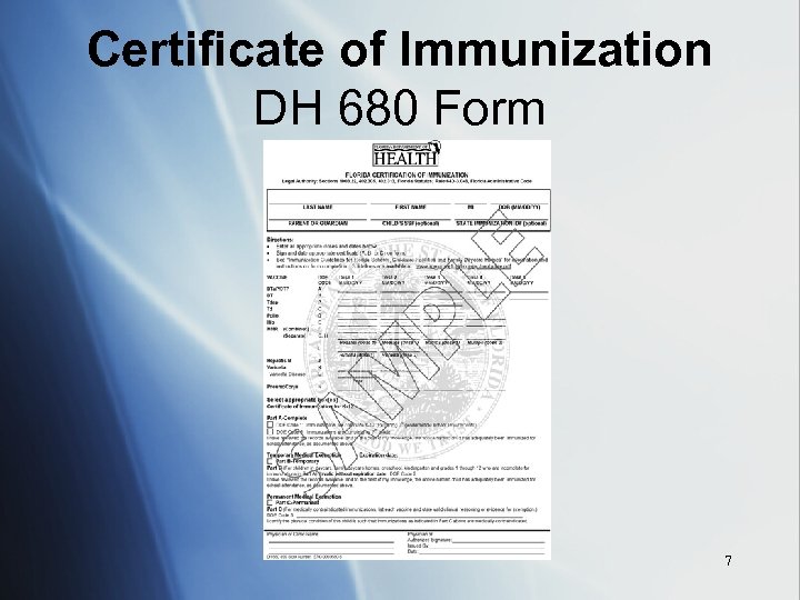 Certificate of Immunization DH 680 Form 7 