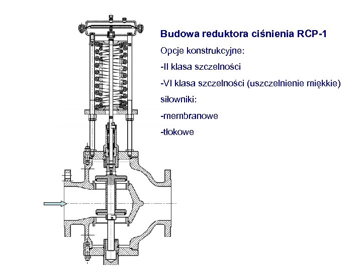 Budowa reduktora ciśnienia RCP-1 Opcje konstrukcyjne: -II klasa szczelności -VI klasa szczelności (uszczelnienie miękkie)