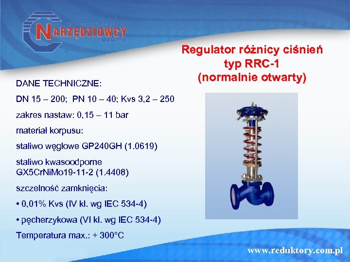 DANE TECHNICZNE: Regulator różnicy ciśnień typ RRC-1 (normalnie otwarty) DN 15 – 200; PN