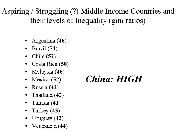 Aspiring / Struggling (? ) Middle Income Countries and their levels of Inequality (gini