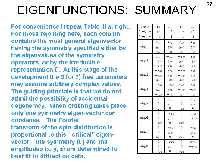 EIGENFUNCTIONS: SUMMARY For convenience I repeat Table III at right. For those rejoining here,
