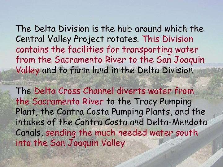 The Delta Division is the hub around which the Central Valley Project rotates. This