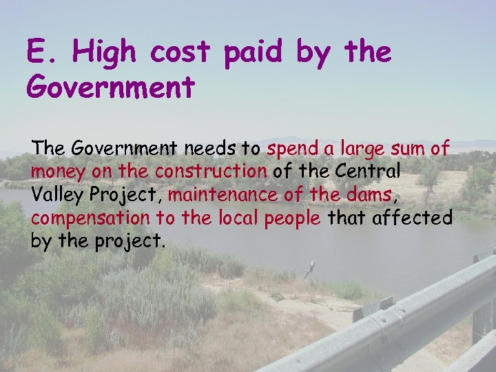E. High cost paid by the Government The Government needs to spend a large